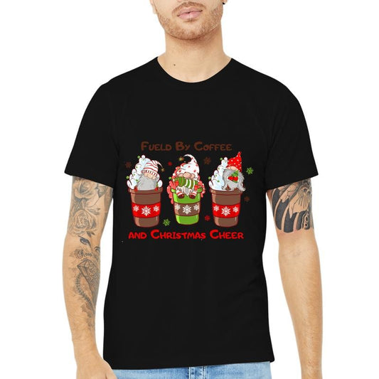 A Christmas-Themed T-Shirt with 'Fueled By Coffee And Christmas Cheer' Slogan" made in usa