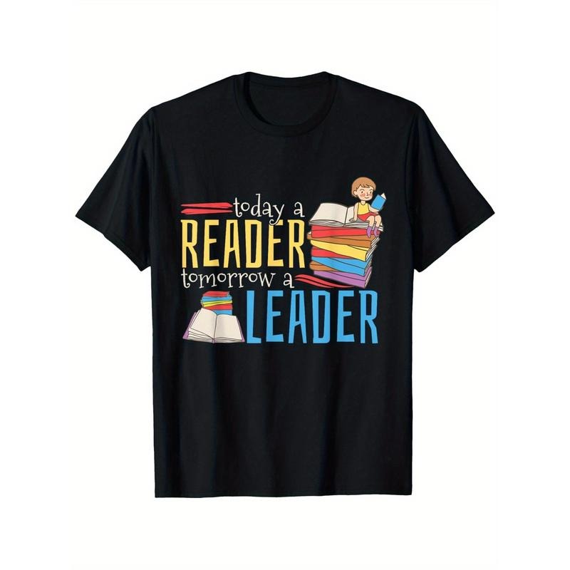 A Men'S Casual Cotton T-shirt, Printed with the Words "Today'S Readers, Tomorrow'S Leaders"-round Neck, Short Sleeves, Knitted Fabric, Fit Style, Suitable for All Seasons, Black made in usa
