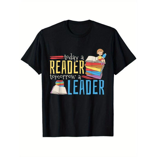 A Men'S Casual Cotton T-shirt, Printed with the Words "Today'S Readers, Tomorrow'S Leaders"-round Neck, Short Sleeves, Knitted Fabric, Fit Style, Suitable for All Seasons, Black made in usa