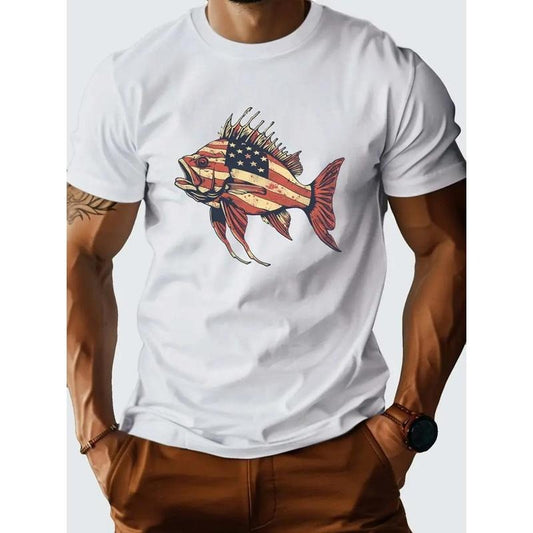 A Patriotic Fish Designed Pure Cotton Men'S T-Shirt with Comfortable Fit And Exquisite Pattern Printing, Round Neck High Street Pure Cotton Short Sleeved T-Shirt, Trendy Pattern T-Shirt, High-End Pure Cotton T-Shirt Made in USA