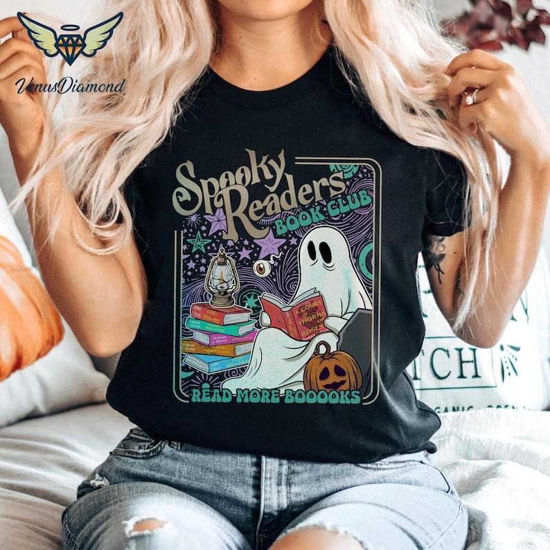 ACOTAR Ghost Books Halloween Tee, Halloween Ghost Reading Shirt, SJM Halloween, Spooky Readers T-Shirt, Velaris Shirt,...