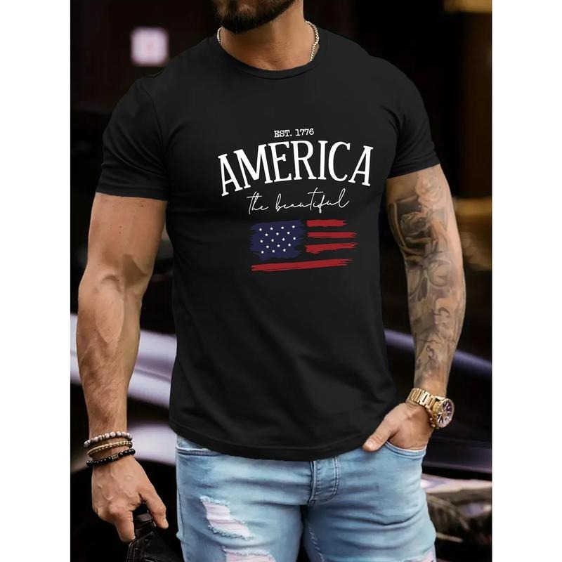 AMERICA EST 1776 Print, Men's Crew Neck Short Sleeve Summer T-shirt, Casual Comfy Top For Daily Wear Made in USA