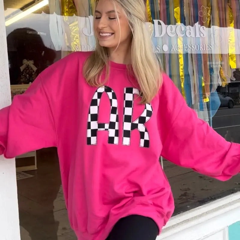 AR Arkansas Checkered Print Black & White State Crewneck Trendy Sweatshirt Oversized Fit Loose-Fitting Casual Top - Comfort, Womenswear, Long Sleeve, Tops