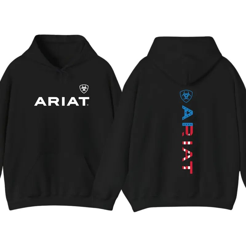 ARIAT Hoodie Sweatshirt T-Shirt, Vertical logo design with bold American flag pattern, For Men, For Women | DripVista.com