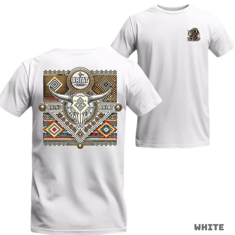 ARIAT T-Shirt - Tribal Bull Skull Design with Western Patterns, Bold Western Aesthetic, Perfect for Free-Spirited Style.