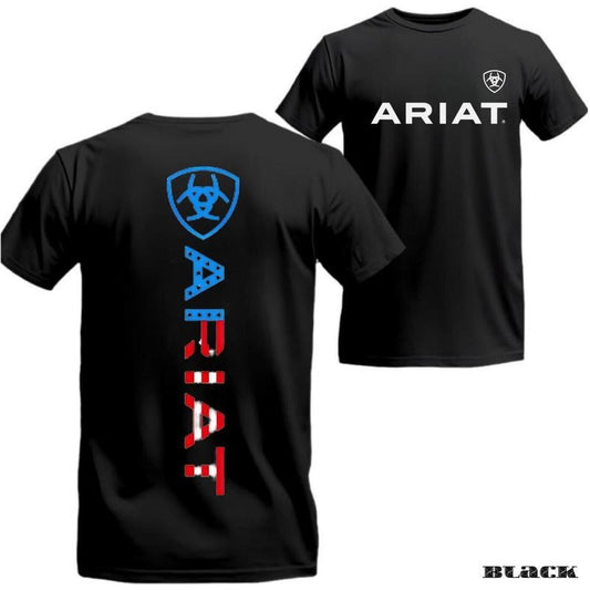 ARIAT T-Shirt - Vertical logo design with bold American flag pattern, suitable for both men and women who appreciate a modern and patriotic style.