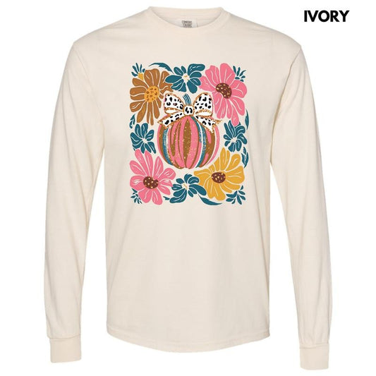 Abstract Flowers & Pumpkin Long Sleeve Comfort Colors T-Shirt 'NLB'
