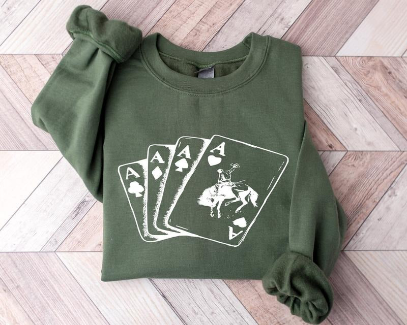 Ace Card Cowboy Shirt, Cowboy Sweatshirt, Playing Card Country Sweatshirt Casual Classic Collar Cotton Fabric Knit Menswear Garment