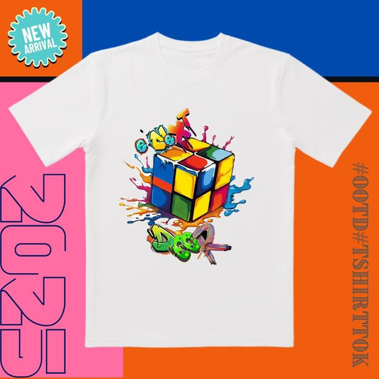 'Neon Rubik' 3D Printed Tee | Color-Splash Design & Embossed Details | Trendy All-Day Style for Streetwear/Date Night/Active Life