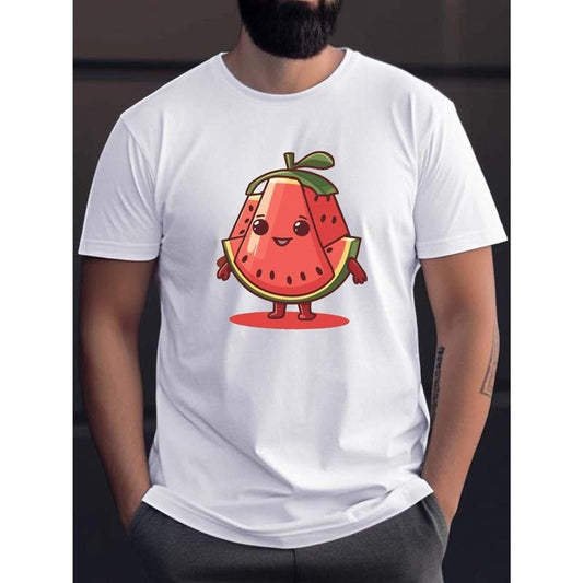 Adorable 2D Watermelon Character Print Tee Shirt, Tees For Men, Casual Short Sleeve T-shirt For Summer made in usa