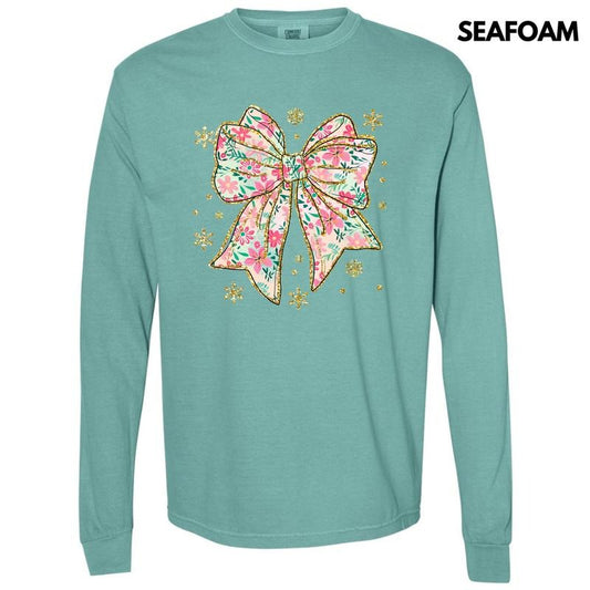 Adorable Big Floral Bow Long Sleeve Comfort Colors T-Shirt 'NLB'