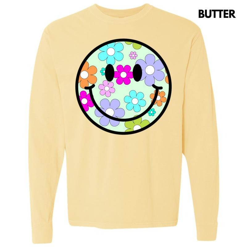 Adorable Floral Happy Face Long Sleeve Comfort Colors T-Shirt 'NLB'