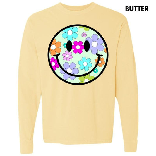 Adorable Floral Happy Face Long Sleeve Comfort Colors T-Shirt 'NLB'