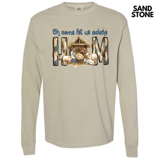 Adore Him Nativity Scene Long Sleeve Comfort Colors T-Shirt 'NLB'