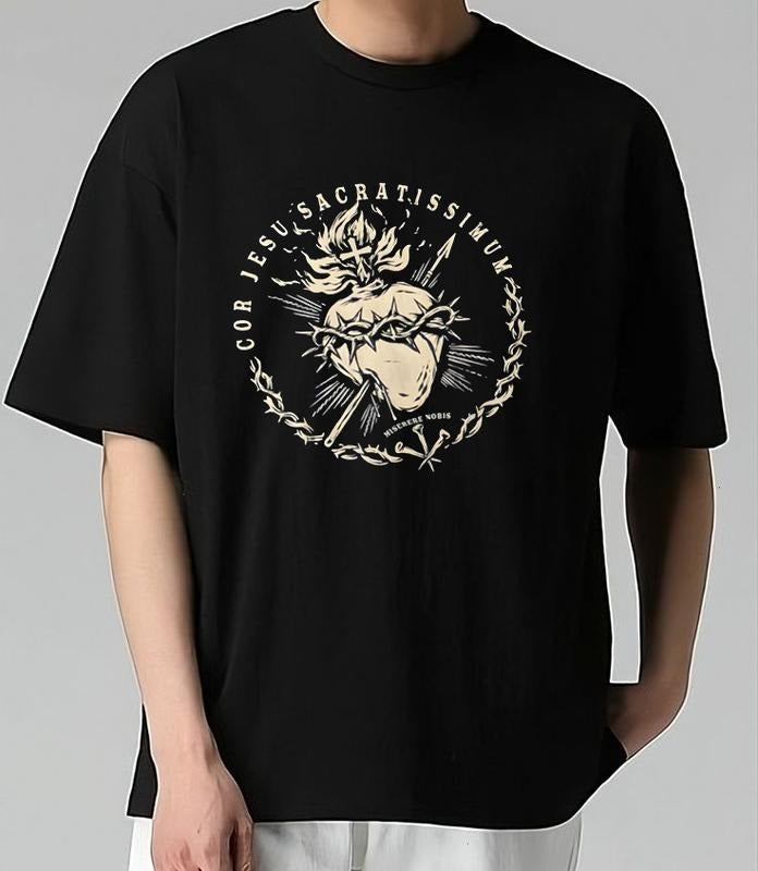 Adult Sacred Heart of Jesus T-Shirt Trendy Graphic T-Shirt with Street Style Graphic Design Cotton Lightweight, Soft, and...