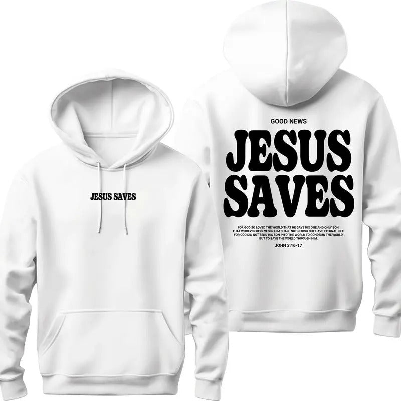 Aesthetic Jesus Hoodie - White Cotton Hoodie with "JESUS SAVES" Text, Hood, Front Pocket, and Casual Style T-Shirts,...