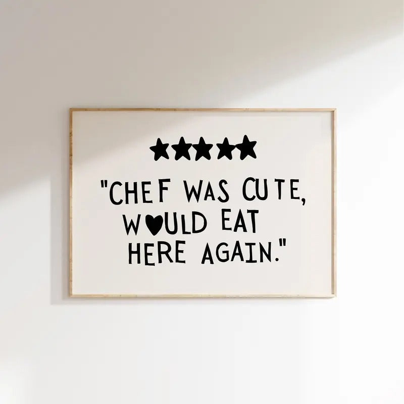 Aesthetic Kitchen Decor Cute Cooking Art Kitchen Wall Art Minimalist Heart Print Black Chef Horizontal Print Poster...