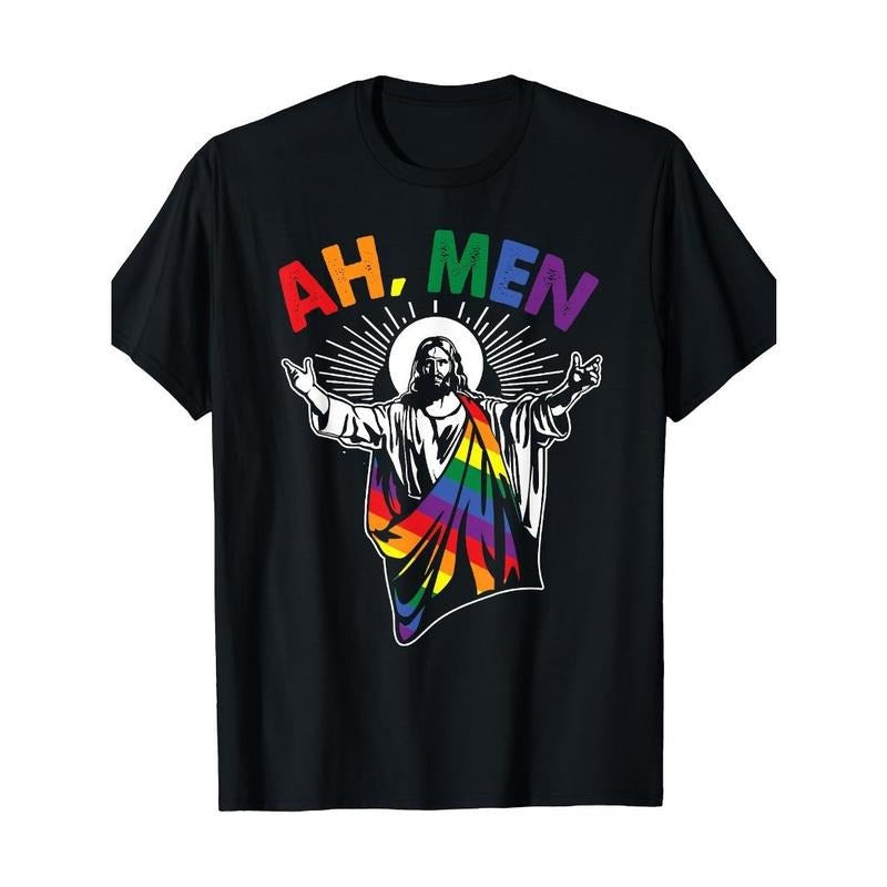 Ah Men Fun LGBT Gay Pride Jesus Rainbow Flag Christian Men's T-shirt Made in USA Hoodie, Sweatshirt | DripVista.com