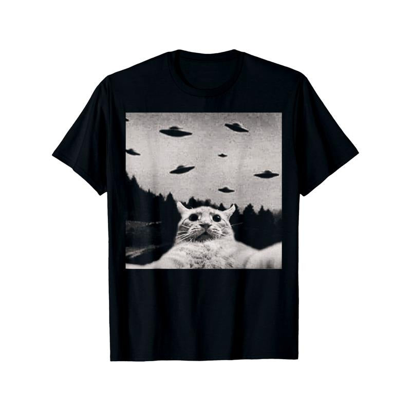 Alien Cat UFO T-Shirt Round Neck Halloween Tee for Men made in usa Hoodie, Sweatshirt | DripVista.com