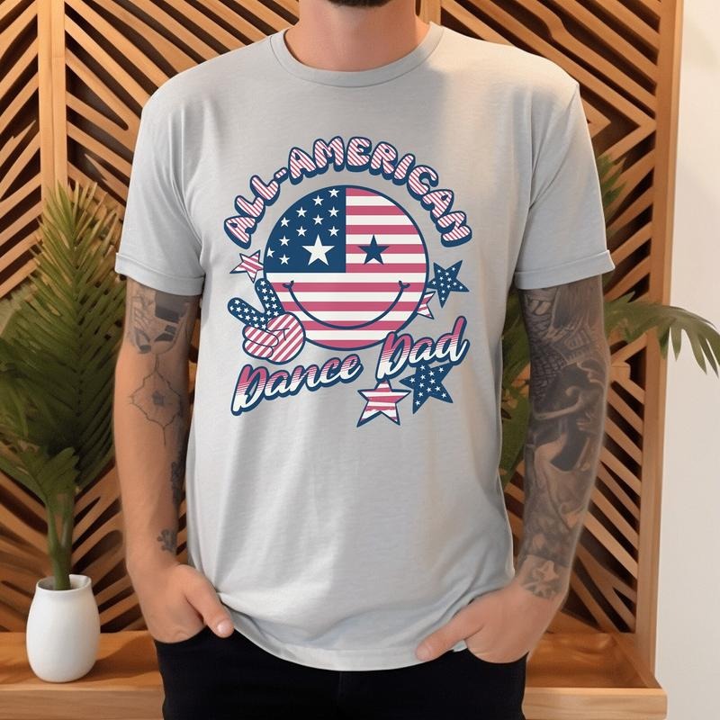 All-American Dance Dad Smiley Face Shirt, Retro Competitive Dance Dad Tee, American Flag Competition Dance Dad Hoodie,...