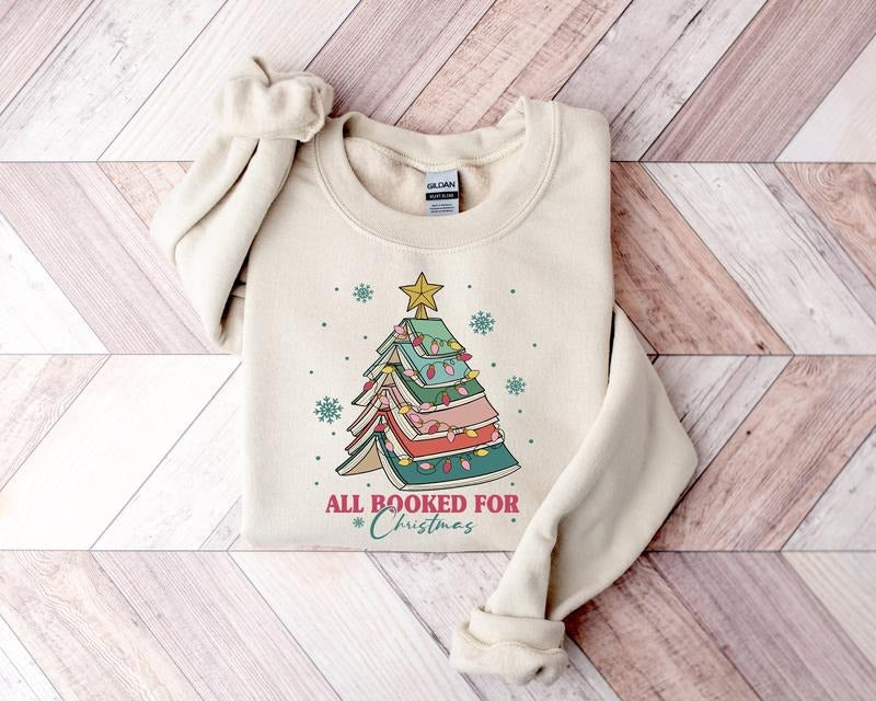 All Booked For Christmas Shirt Gift for Librarian, Bookworm Christmas Sweater, Christmas Book Tree Sweatshirt, Book Lovers Christmas Sweatshirtstyle{n002}2