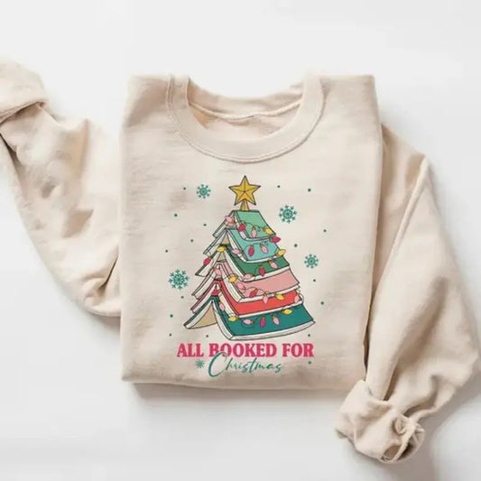 All Booked For Christmas Sweatshirt, Christmas Book Tree Sweater, Christmas Gift for Book Lover, Librarian Xmas Hoodie, Christmas gift Sweat