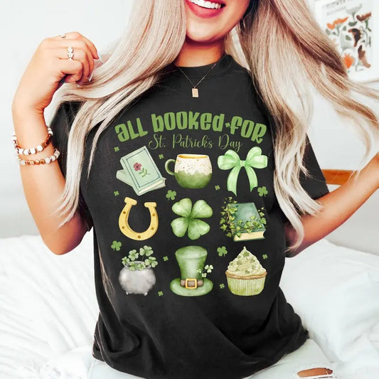 All Booked for St. Patrick's Day, Teacher St Patrick Shirt, Lucky Teacher T-Shirt, Green Ribbon, Brushstroke Book Lover Shirt, Bookish Casual Comfort