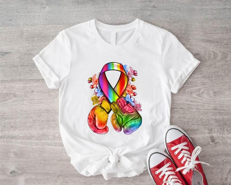 All Color Ribbon With Boxing Gloves Shirt, Matching Warrior Support Squad Tee, Cancer Awareness T-Shirt, Colorful Cancer Fighter Gift Tee, Cancer Motivational.