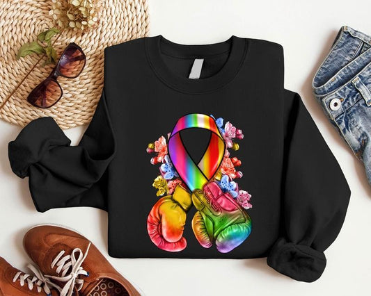 All Color Ribbon With Boxing Gloves Sweatshirt, Matching Warrior Support Squad, Cancer Awareness Hoodie, Colorful Cancer Fighter Gift Sweater, Cancer Motivational