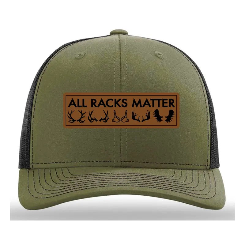 All Racks Matter Hat, Gag Hat, Deer Hunting Hat, Hunting Hat, leather patch trucker hat, cap daddy, LODEN BLACK T-Shirts,...