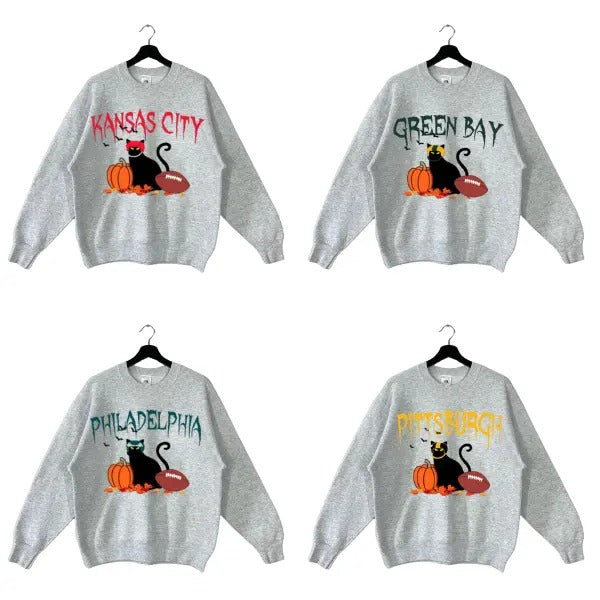 All Team Football Halloween Sweatshirt, Black Cat Football Sweatshirt, Sunday Football Crewneck Sweatshirt
