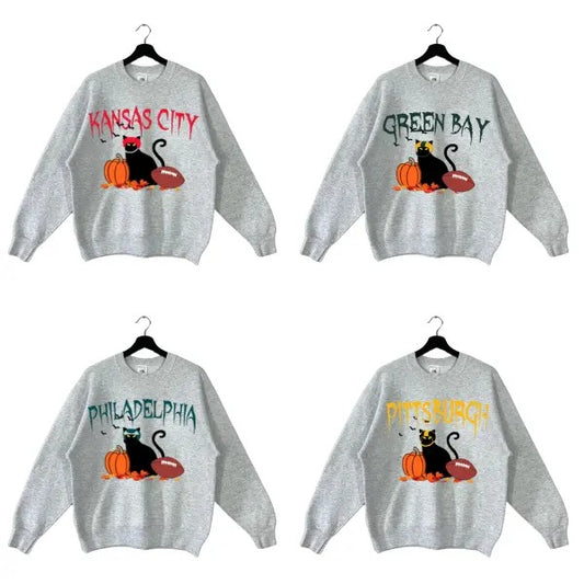 All Team Football Halloween Sweatshirt, Black Cat Football Sweatshirt, Sunday Football Crewneck Sweatshirt