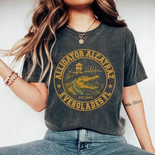 Alligator Alcatraz T-Shirt, Funny Florida Everglades Shirt, Vintage Gator Graphic, Swamp Humor Tee, Southern Dark Humor Gift for Him and Her Top Womenswear Summer