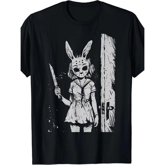 Alternative Gothic killer horror anime, 1 piece, 100% cotton T-shirt, Rabbit mask girl, niche design print, high quality breathable material, casual and versatile Made in USA