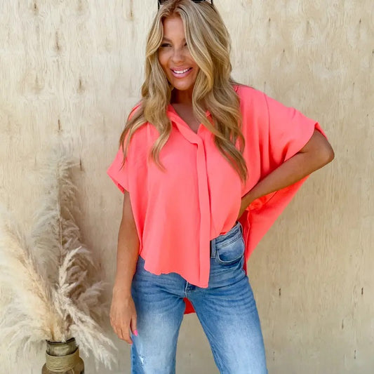 Always A Winner Neon Coral Button Up Top