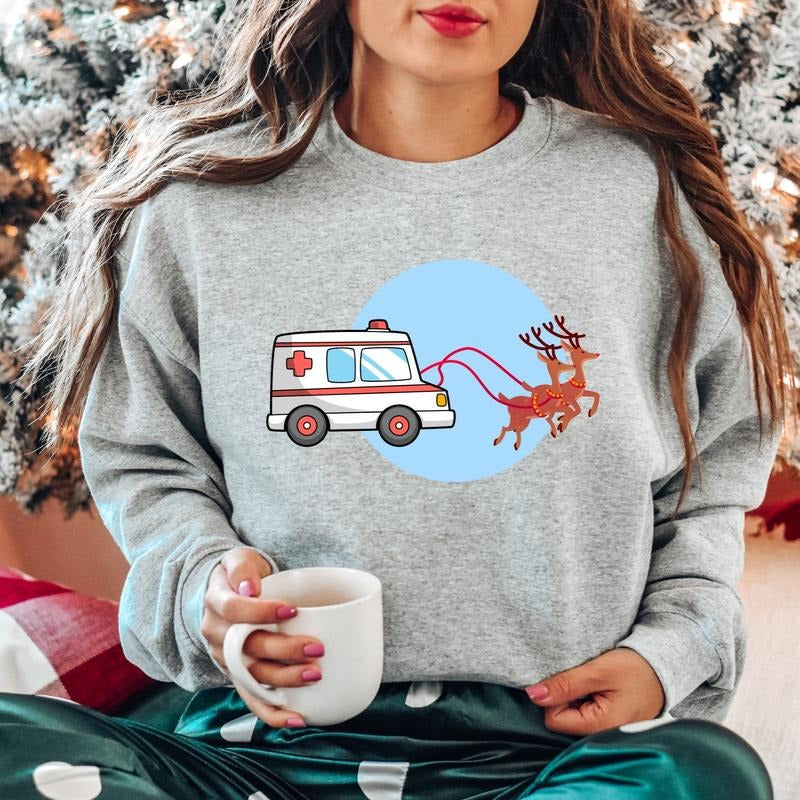 Ambulance And Deer Sweatshirt, Matching Emergency Medical Technician Holiday Hoodie, Xmas Celebration Sweater, Medical Gift Hoodie For Christmas, Winter Season Vibes Long Sleeve.