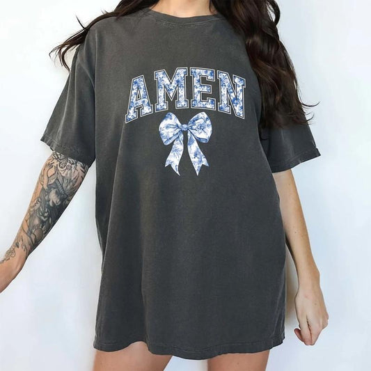 Amen Coquette Bow Comfort Colors Shirt, Coquette Religious T-shirt, Bible Verse Tee, Easter Women Clothing