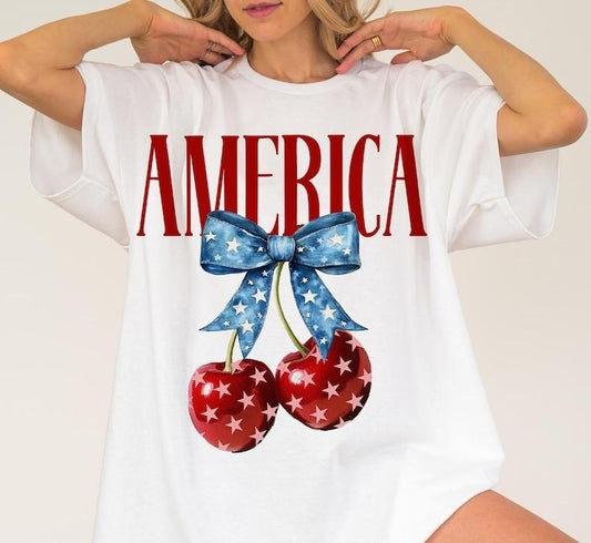 America Cherries Shirt, Cherry Bow Tshirt, Trendy July 4th Tee, 4th of july Woman Shirt, Usa Flag T-Shirt