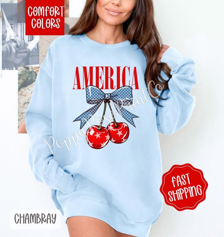 America Cherry Comfort Colors Sweatshirt, Fruit Summer Sweater, Cute Women's Crewneck