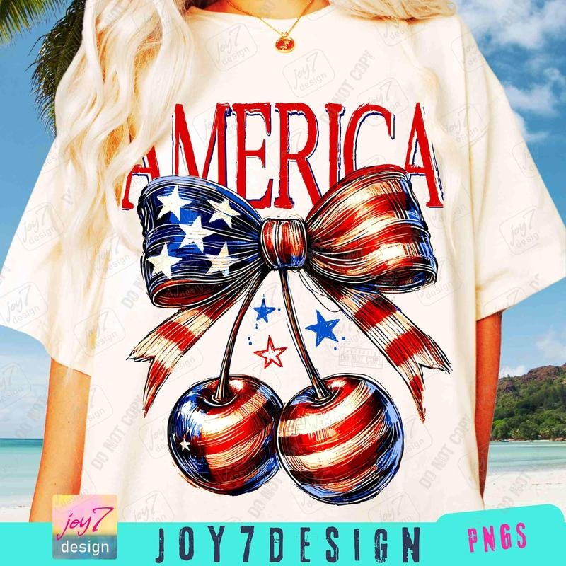 America Cherry Coquette Bow T-shirt, Trendy Girly 4th of July T-shirt, Retro Fourth of July Coquette America Cherries Cute Independence Day