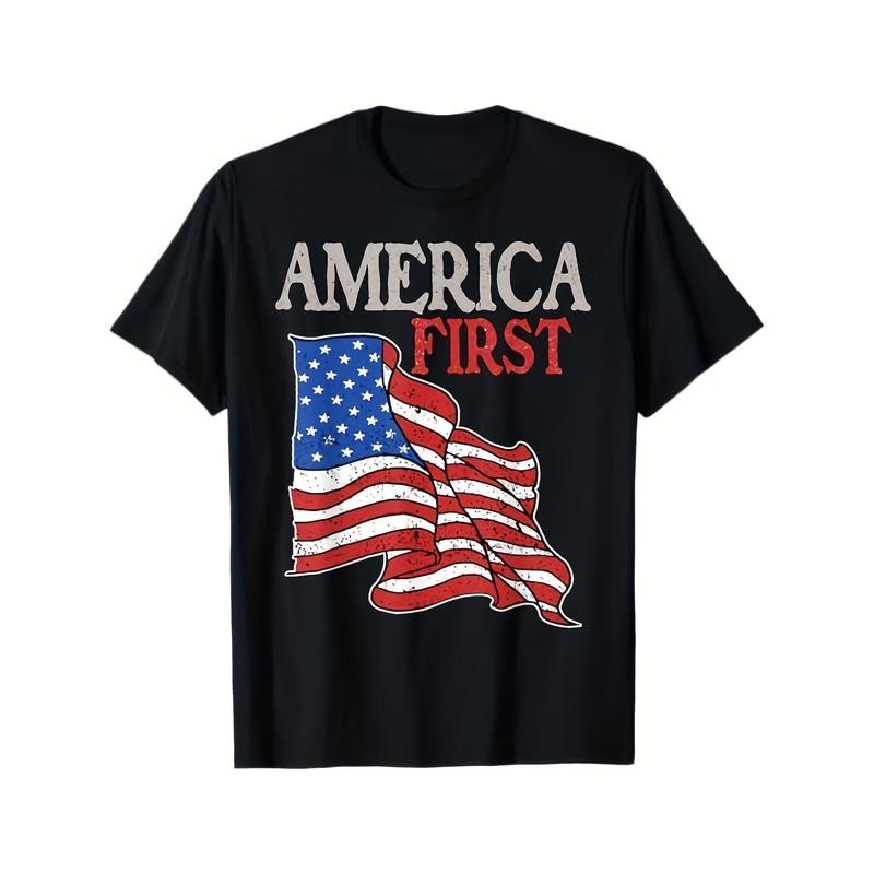 America First Patriotic USA Flag Graphic T-Shirt for Men - Vintage Memorial Day Design, Distressed Lettering & Cracked...