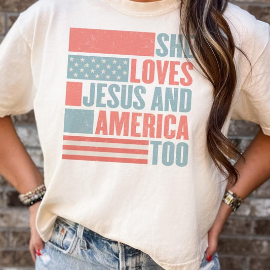America Freedom Tees She Loves Jesus and America Too T-Shirts Independence America Tshirts Retro She Love Jesus Lyric Tees USA Voting T-Shirt Casual Cotton