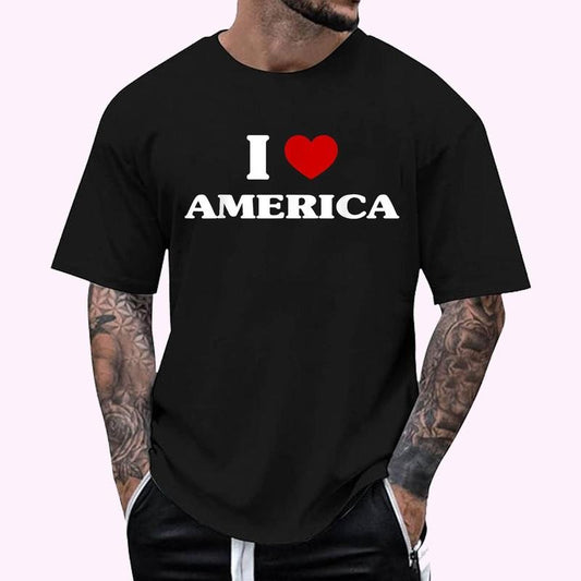 America I Heart America Souvenir I Love America T-Shirt - Men's Regular Fit Letter Graphic Round Neck Tee, Casual Short Sleeve, Crew Neck Shirt for Summer, Fashion Men's Top for daily Wear, Graphic Tees