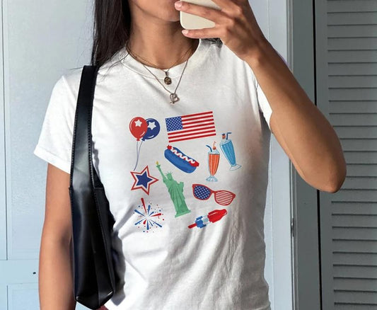America Icons Baby Tee, USA Symbols Baby Tee, Liberty Statue T-Shirt, Hotdogs Stars And Stripes Shirt, Fourth Of July Baby Tee, 4th Of July Shirt