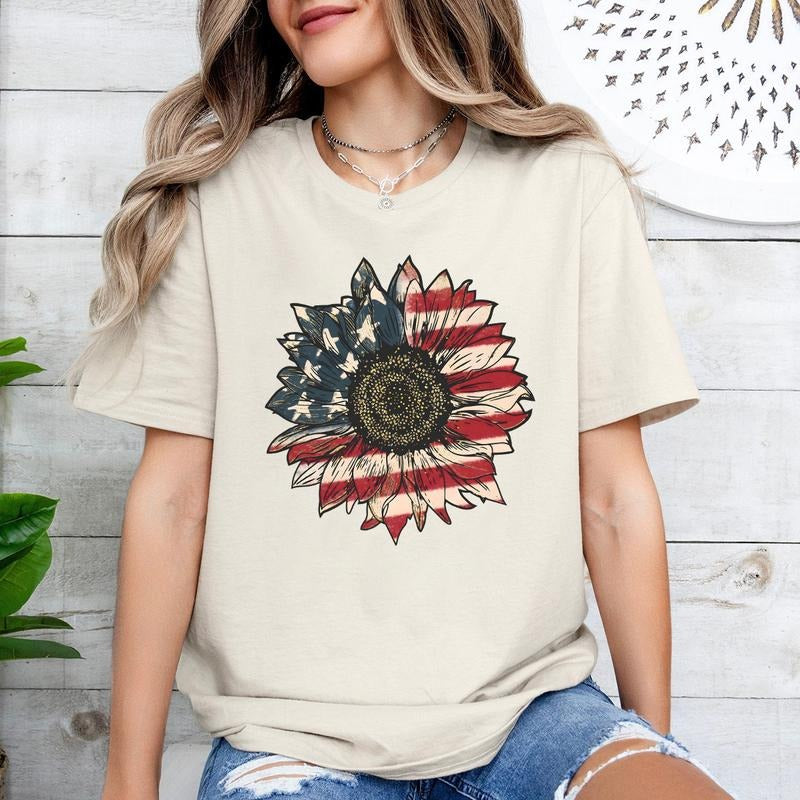 America Sunflower Sweatshirt Hoodie T-shirt, USA Flag Flower Shirt, 4th Of July Flag Graphic T-Shirt, Freedom Tee,...