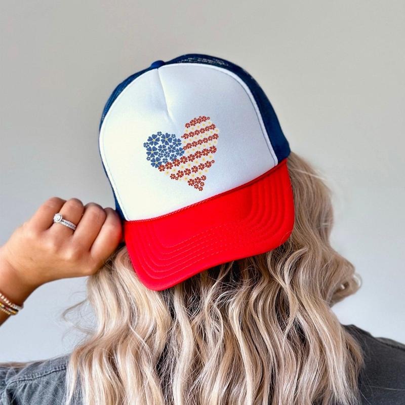 America, Floral Heart, Patriotic, Snapback Trucker Hat, America, USA, Independence Day, Patriotic Cap for Women, Sassy...