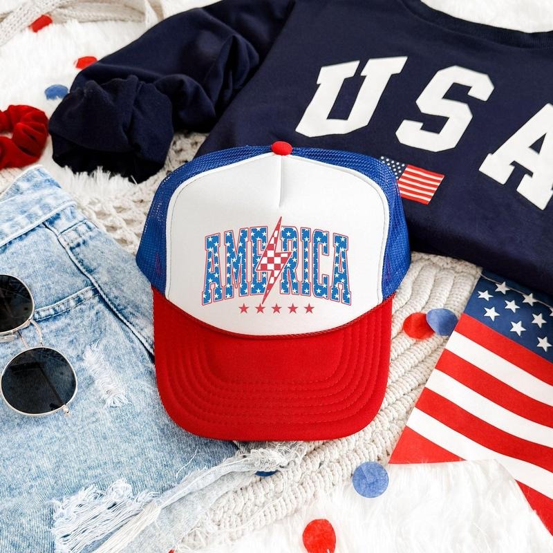 America, Lightning Bolt, Patriotic, Snapback Trucker Hat, America, USA, Independence Day, Patriotic Cap for Women, Sassy...