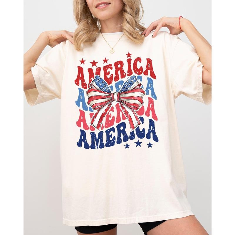 America, Retro, Patriotic Bow, Independence Day, USA, 4th Of July, Fourth Of July Tshirt, Women's Comfort Color Tee,...