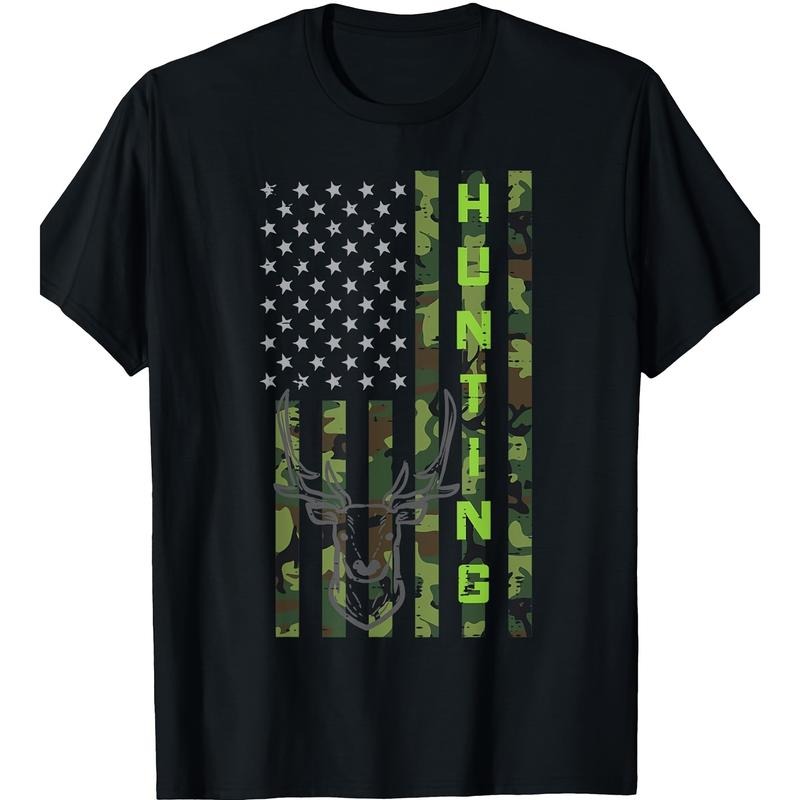 American Flag & Deer Camo Cotton T-Shirt for Men and Women - Short Sleeve, Regular Fit, Machine Washable made in usa