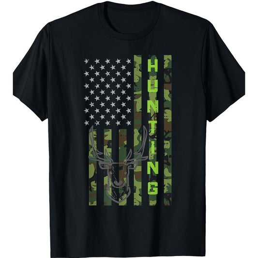 American Flag & Deer Camo Cotton T-Shirt for Men and Women - Short Sleeve, Regular Fit, Machine Washable made in usa